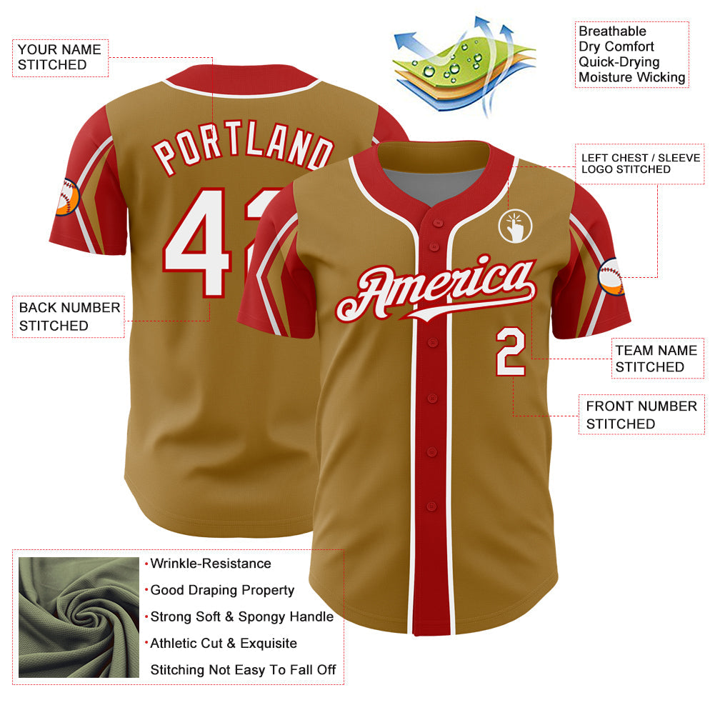 Custom Old Gold White-Red 3 Colors Arm Shapes Authentic Baseball Jersey view 4