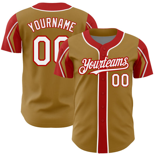 Custom Old Gold White-Red 3 Colors Arm Shapes Authentic Baseball Jersey - Main View