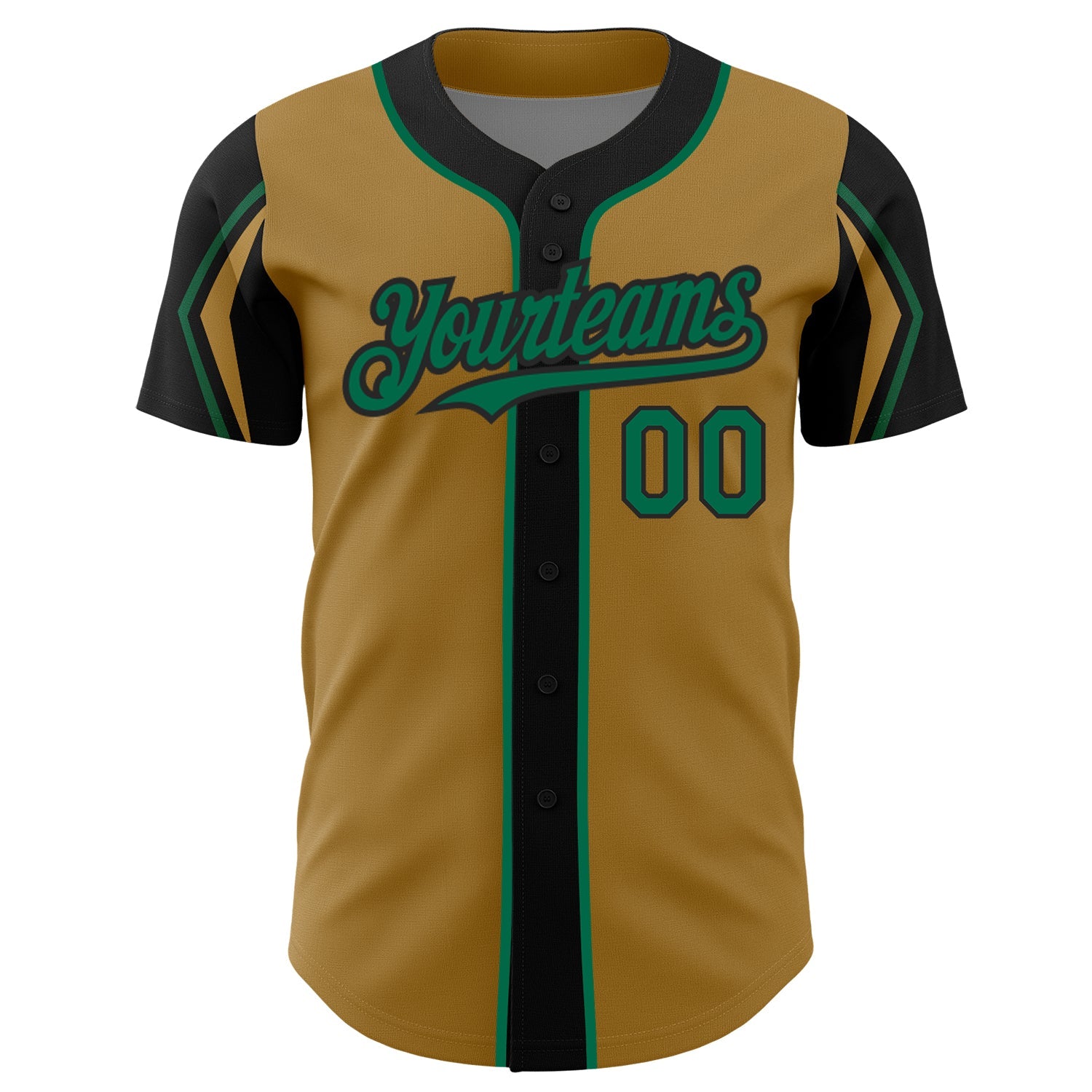 Custom Old Gold Kelly Green-Black 3 Colors Arm Shapes Authentic Baseball Jersey view 3