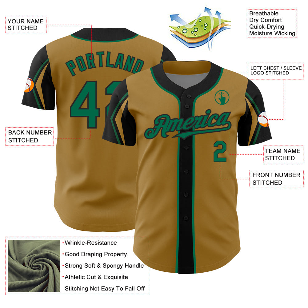 Custom Old Gold Kelly Green-Black 3 Colors Arm Shapes Authentic Baseball Jersey view 4