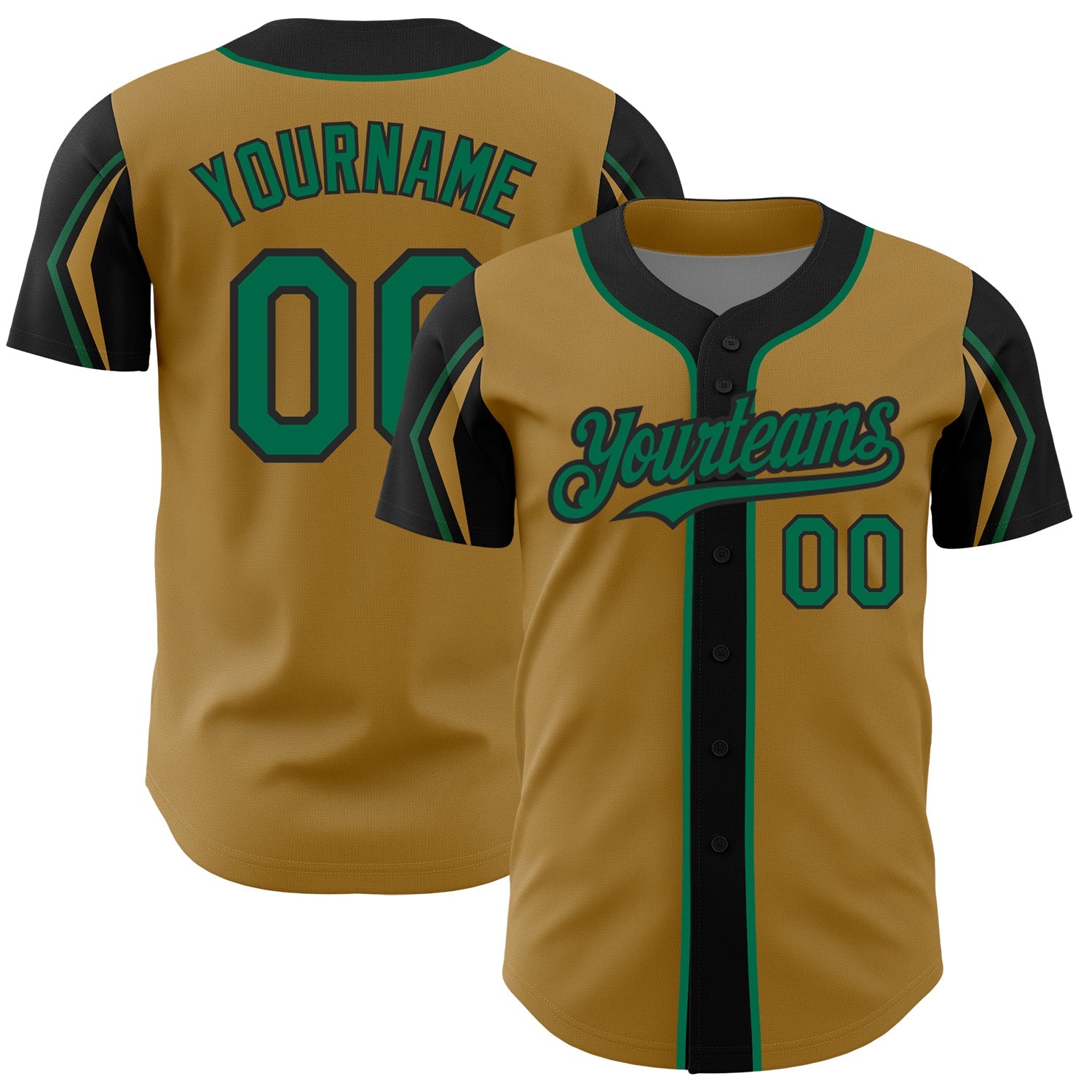 Custom Old Gold Kelly Green-Black 3 Colors Arm Shapes Authentic Baseball Jersey - Main View