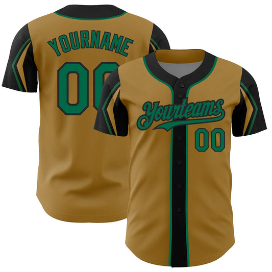 Custom Old Gold Kelly Green-Black 3 Colors Arm Shapes Authentic Baseball Jersey - Main View