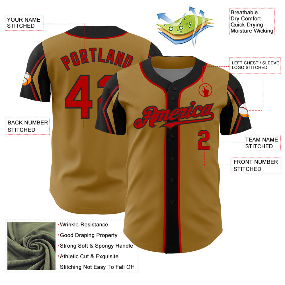 Custom Old Gold Red-Black 3 Colors Arm Shapes Authentic Baseball Jersey view 4