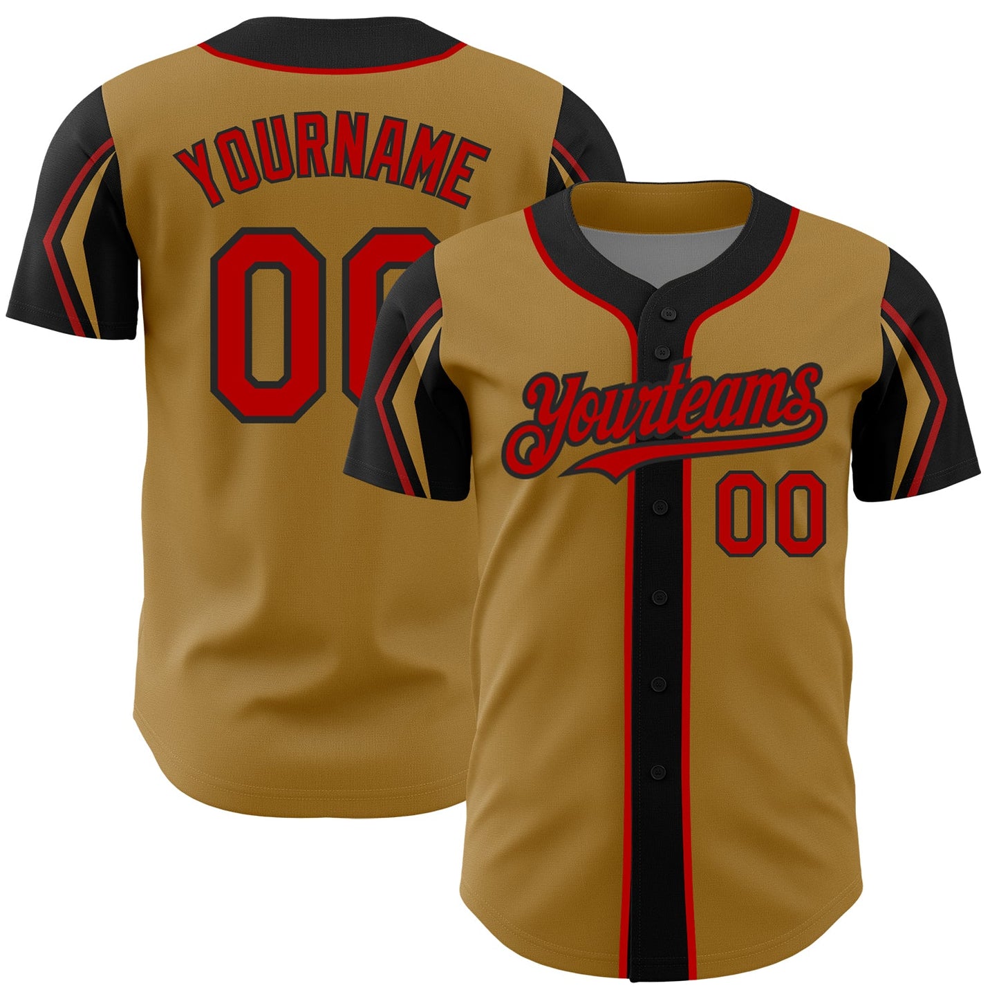 Custom Old Gold Red-Black 3 Colors Arm Shapes Authentic Baseball Jersey - Main View