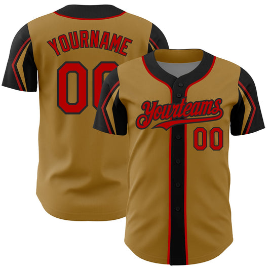 Custom Old Gold Red-Black 3 Colors Arm Shapes Authentic Baseball Jersey - Main View
