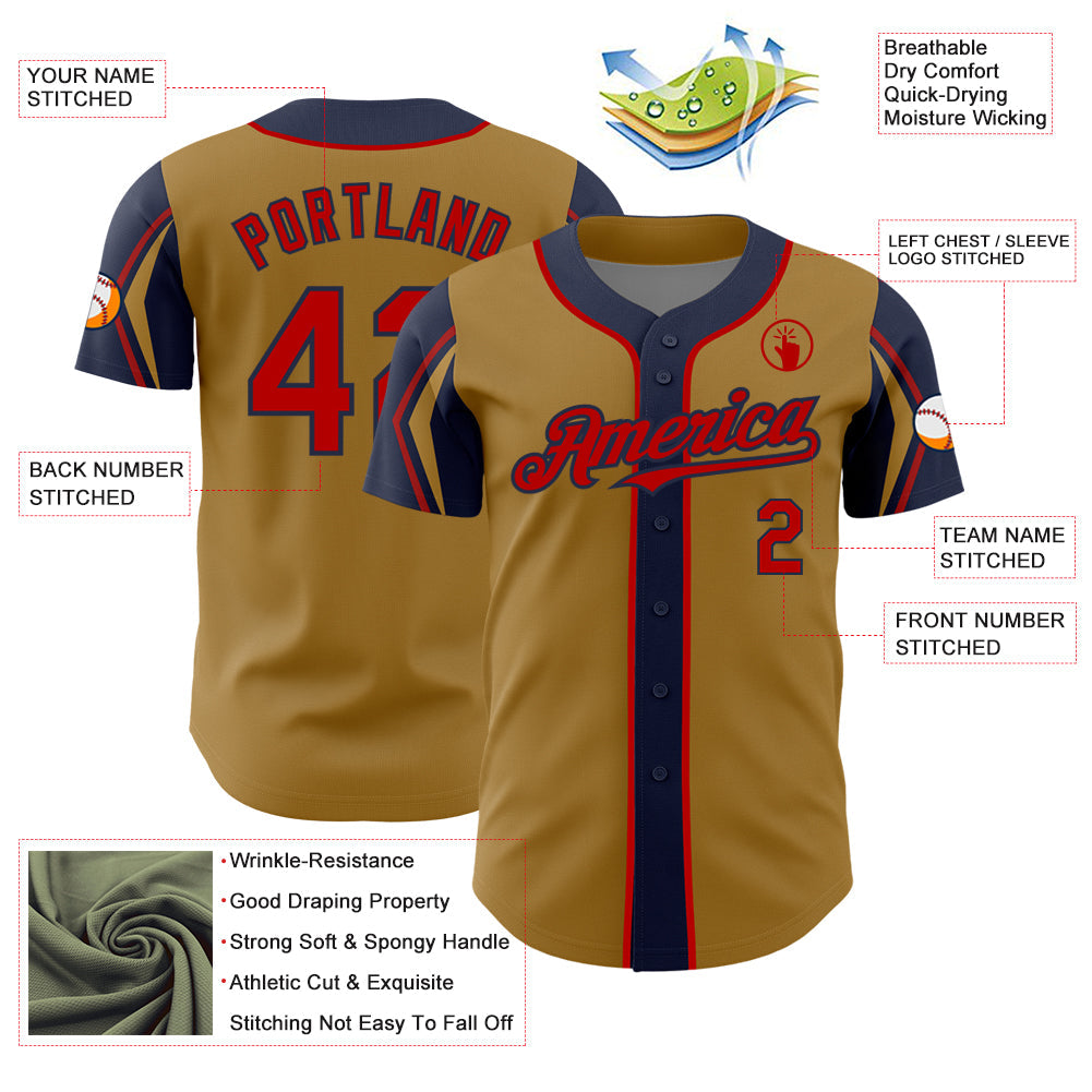 Custom Old Gold Red-Navy 3 Colors Arm Shapes Authentic Baseball Jersey view 4