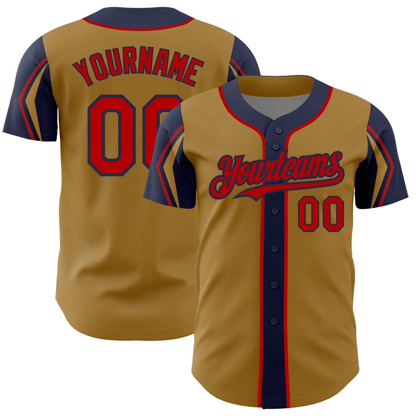 Custom Old Gold Red-Navy 3 Colors Arm Shapes Authentic Baseball Jersey - Main View