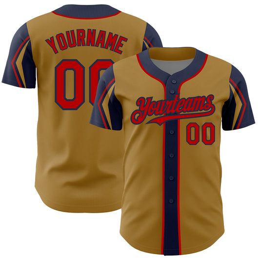 Custom Old Gold Red-Navy 3 Colors Arm Shapes Authentic Baseball Jersey - Main View