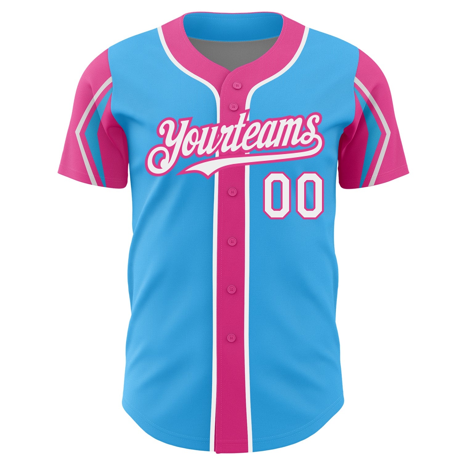 Custom Sky Blue White-Pink 3 Colors Arm Shapes Authentic Baseball Jersey view 3