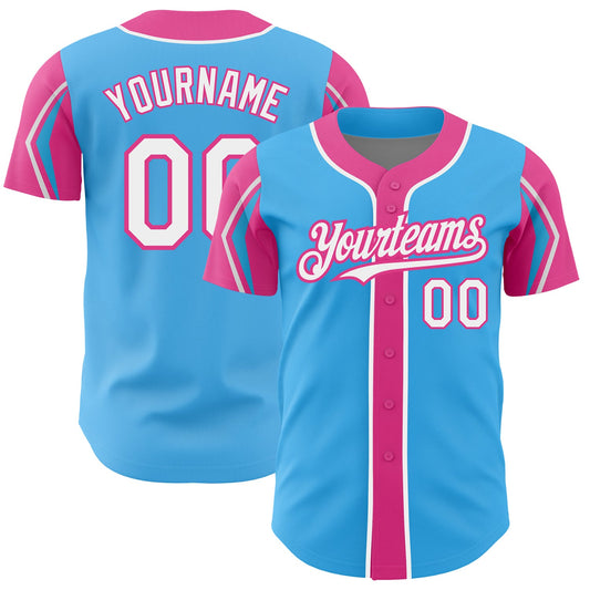 Custom Sky Blue White-Pink 3 Colors Arm Shapes Authentic Baseball Jersey - Main View