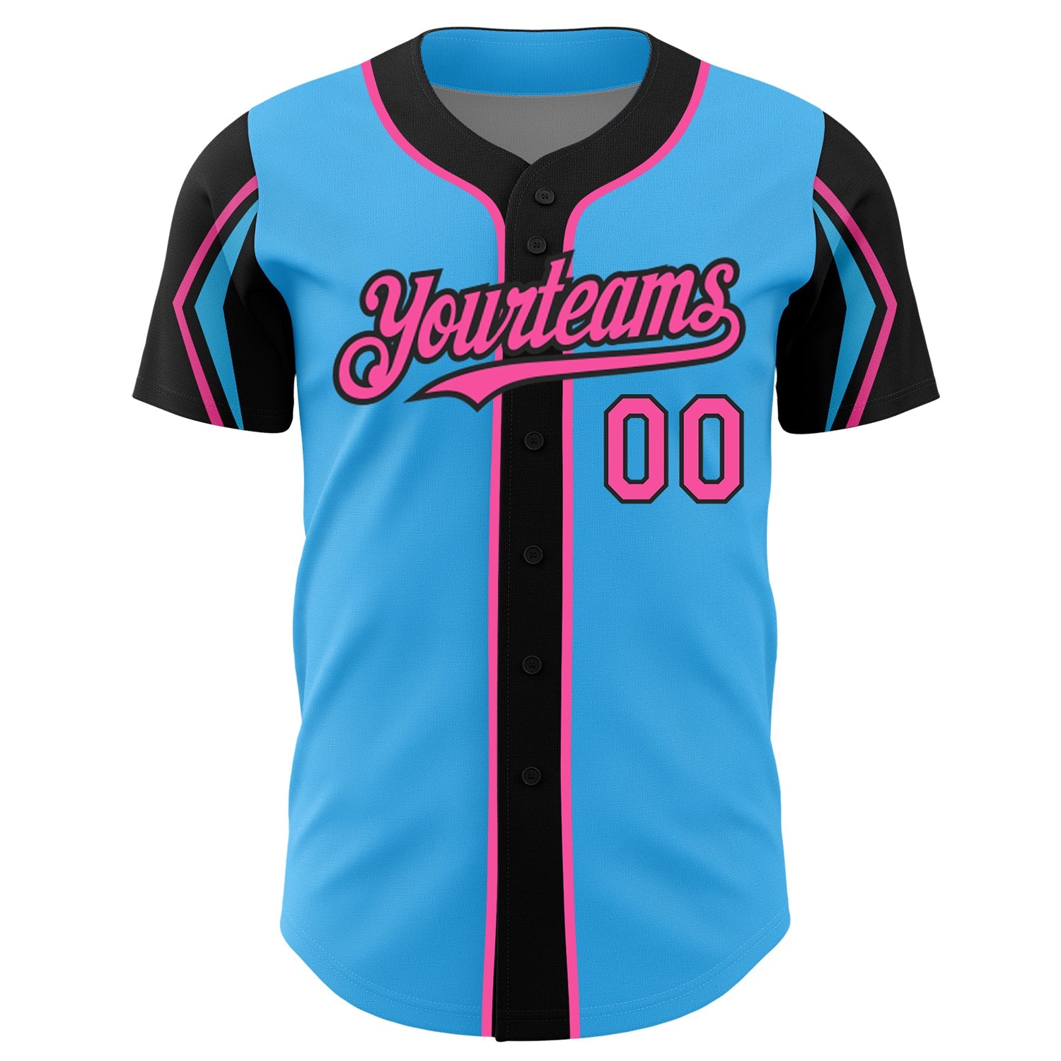 Custom Sky Blue Pink-Black 3 Colors Arm Shapes Authentic Baseball Jersey view 3