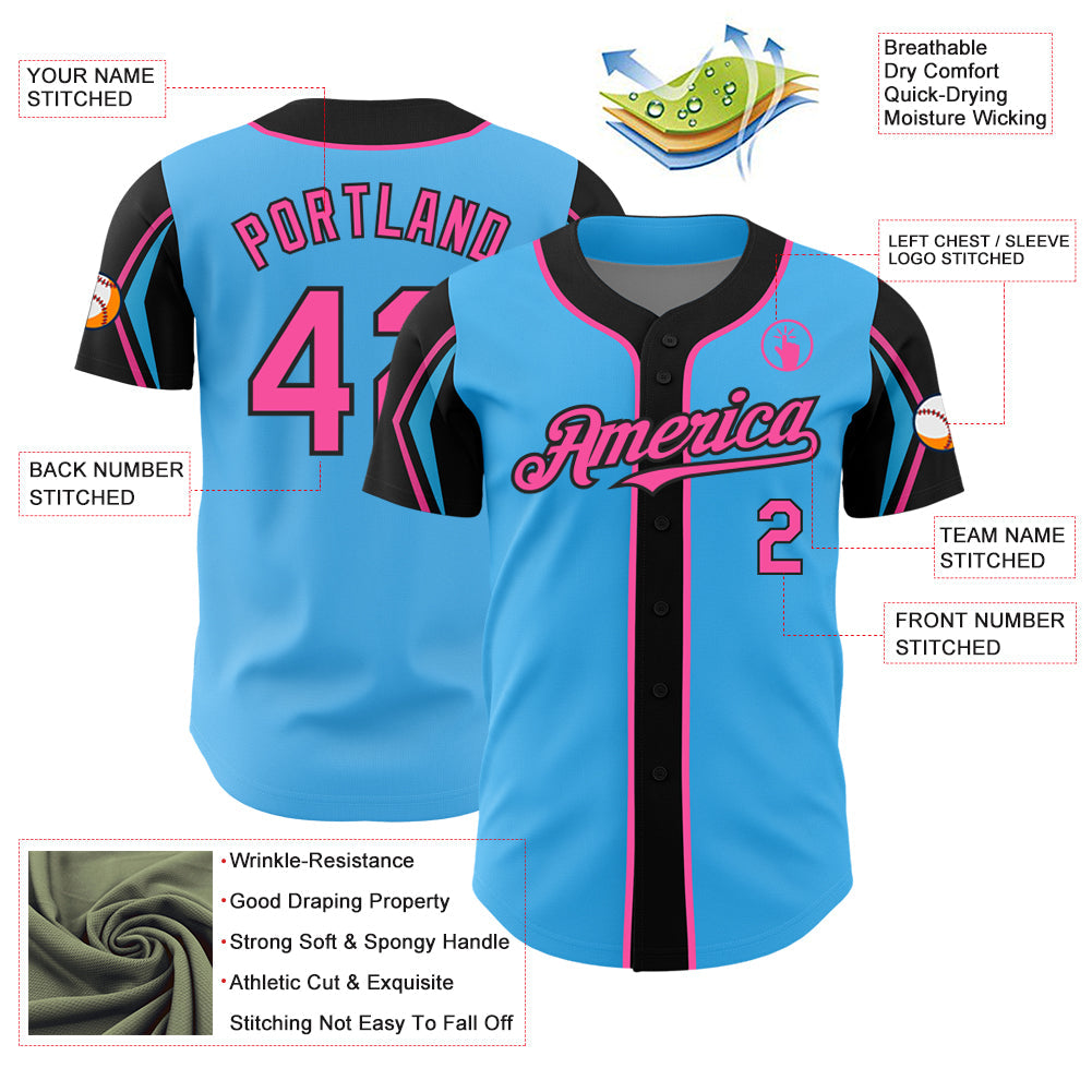 Custom Sky Blue Pink-Black 3 Colors Arm Shapes Authentic Baseball Jersey view 4
