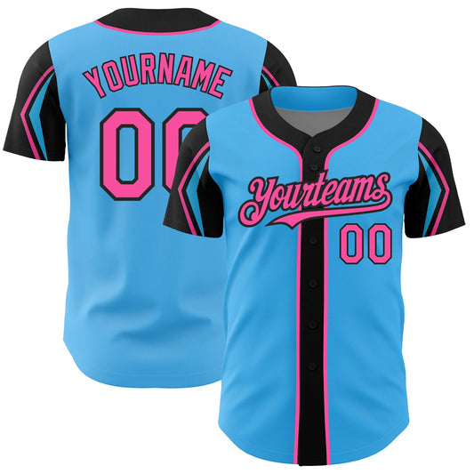 Custom Sky Blue Pink-Black 3 Colors Arm Shapes Authentic Baseball Jersey - Main View