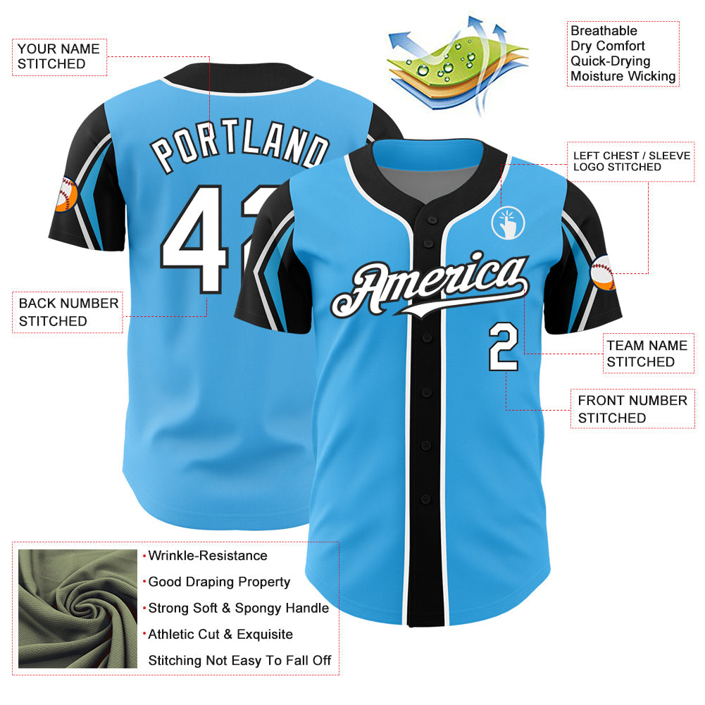 Custom Sky Blue White-Black 3 Colors Arm Shapes Authentic Baseball Jersey view 4