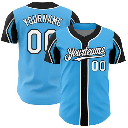 Custom Sky Blue White-Black 3 Colors Arm Shapes Authentic Baseball Jersey - Main View
