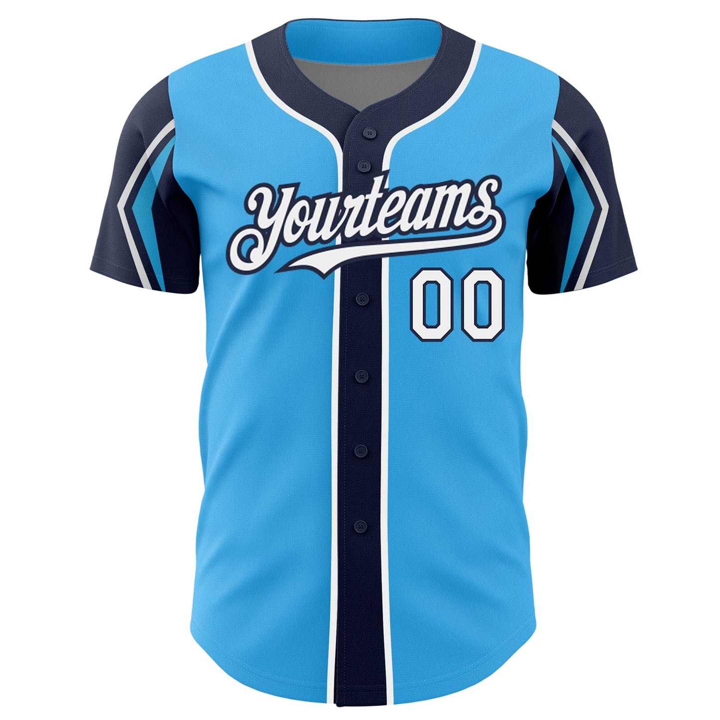 Custom Sky Blue White-Navy 3 Colors Arm Shapes Authentic Baseball Jersey view 3