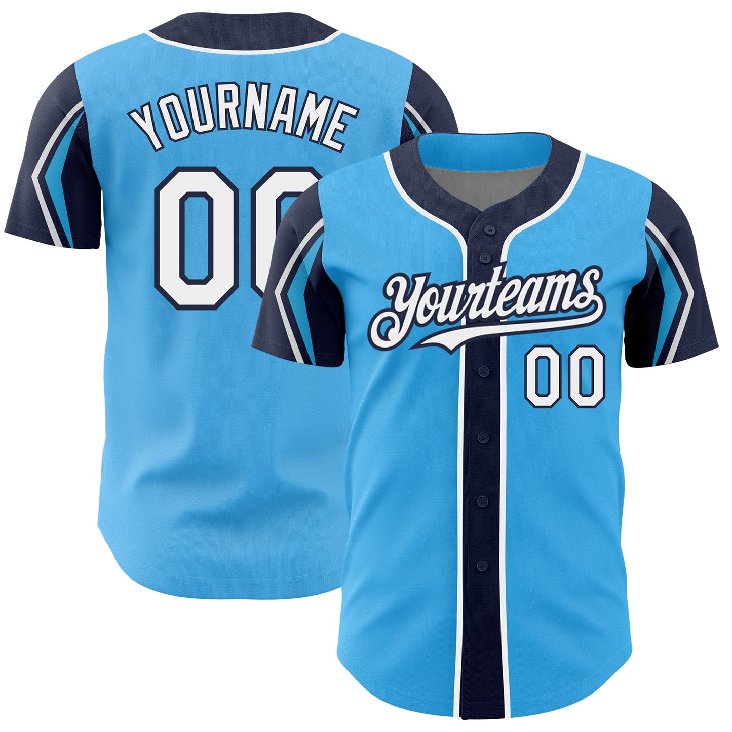 Custom Sky Blue White-Navy 3 Colors Arm Shapes Authentic Baseball Jersey - Main View