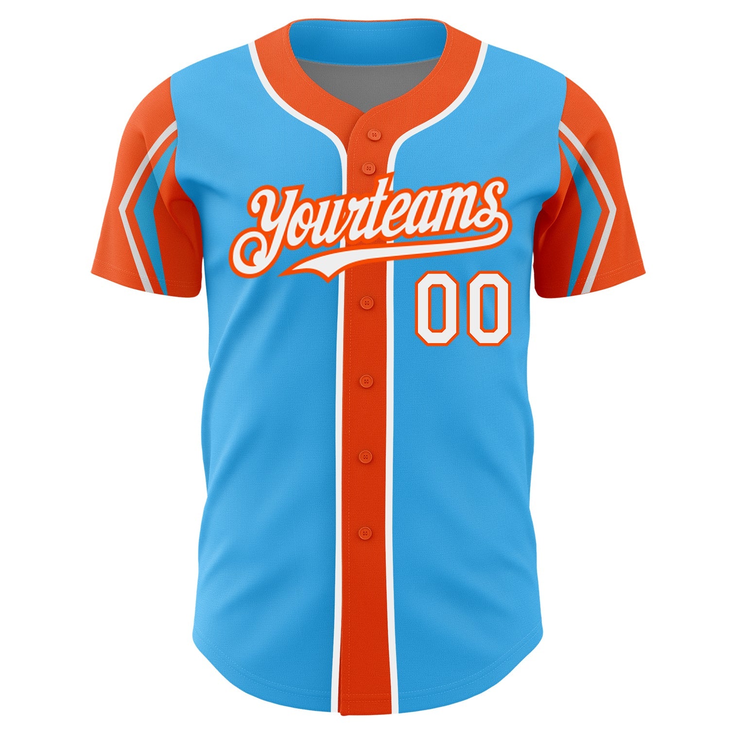Custom Sky Blue White-Orange 3 Colors Arm Shapes Authentic Baseball Jersey view 3