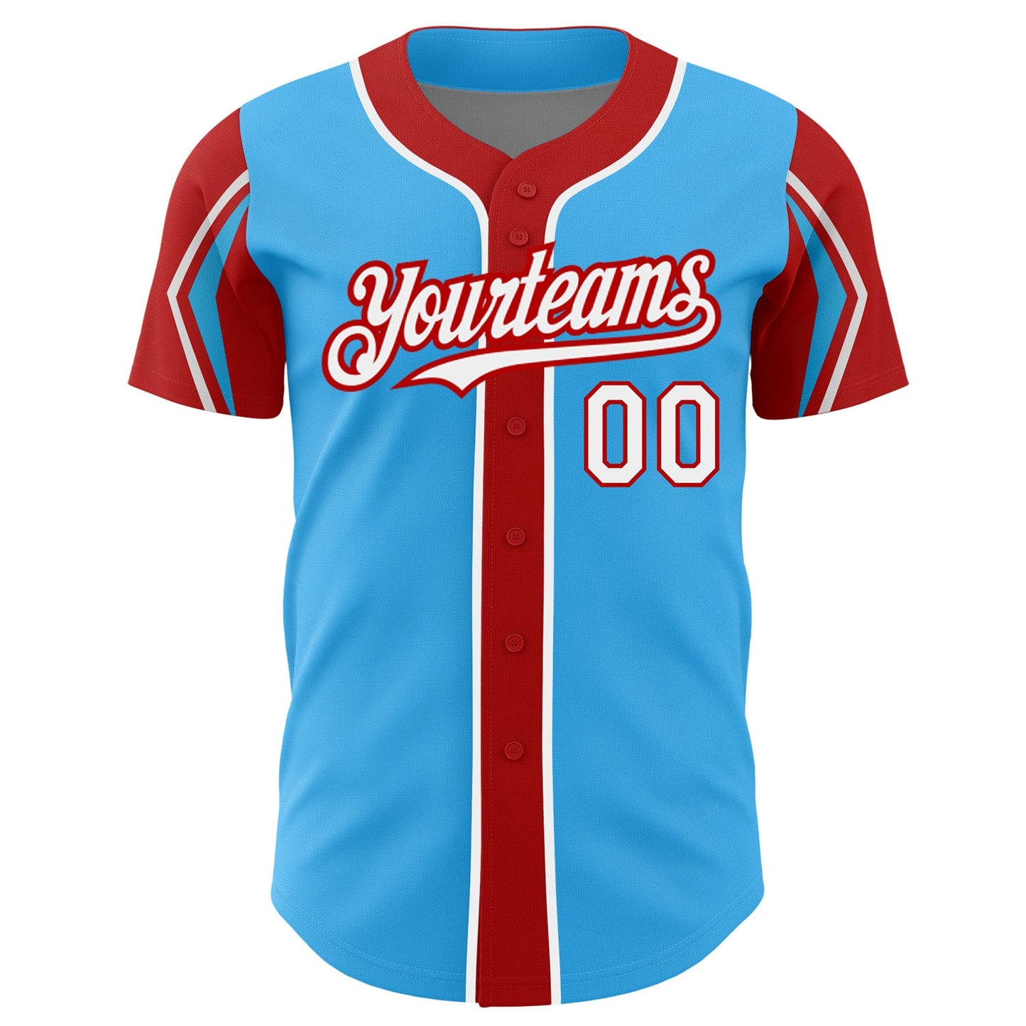 Custom Sky Blue White-Red 3 Colors Arm Shapes Authentic Baseball Jersey view 3
