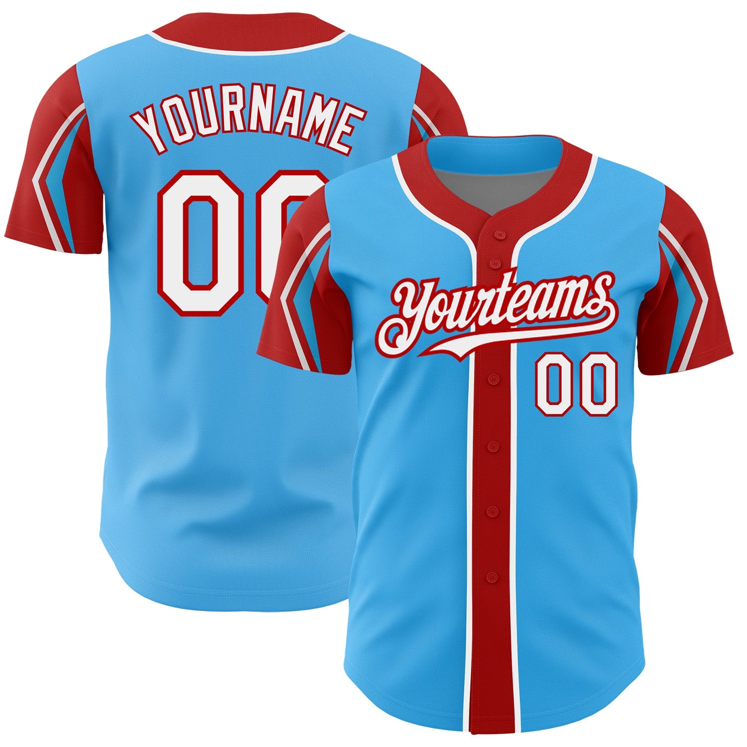 Custom Sky Blue White-Red 3 Colors Arm Shapes Authentic Baseball Jersey - Main View