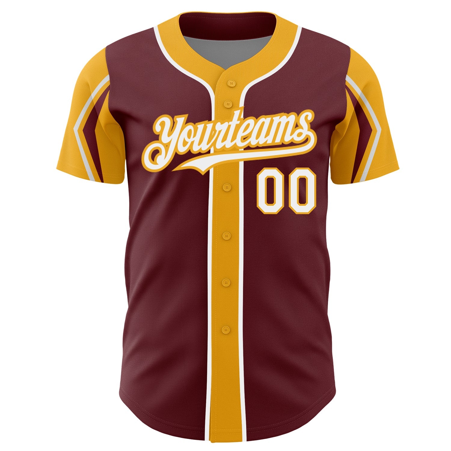 Custom Burgundy White-Gold 3 Colors Arm Shapes Authentic Baseball Jersey view 3