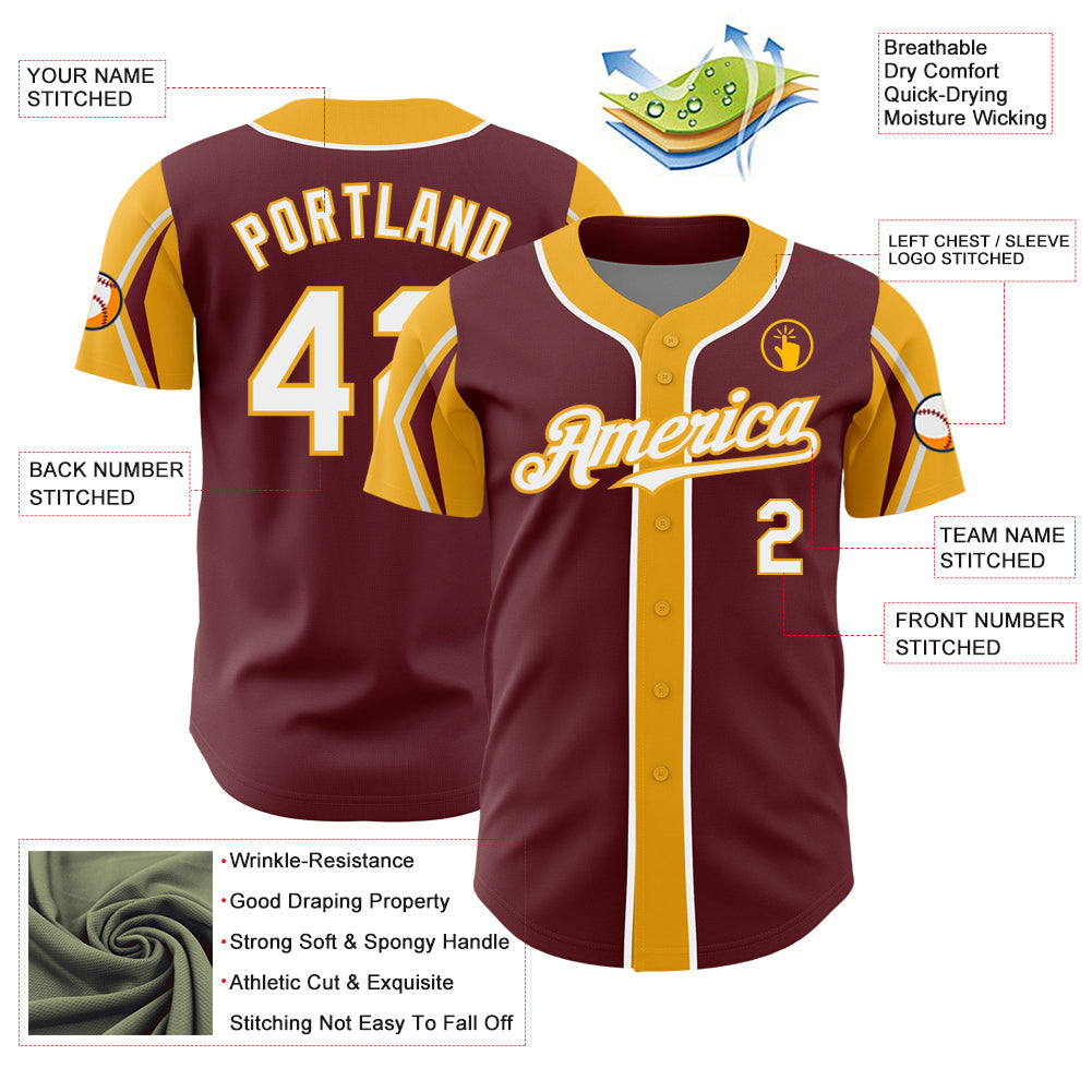 Custom Burgundy White-Gold 3 Colors Arm Shapes Authentic Baseball Jersey view 4