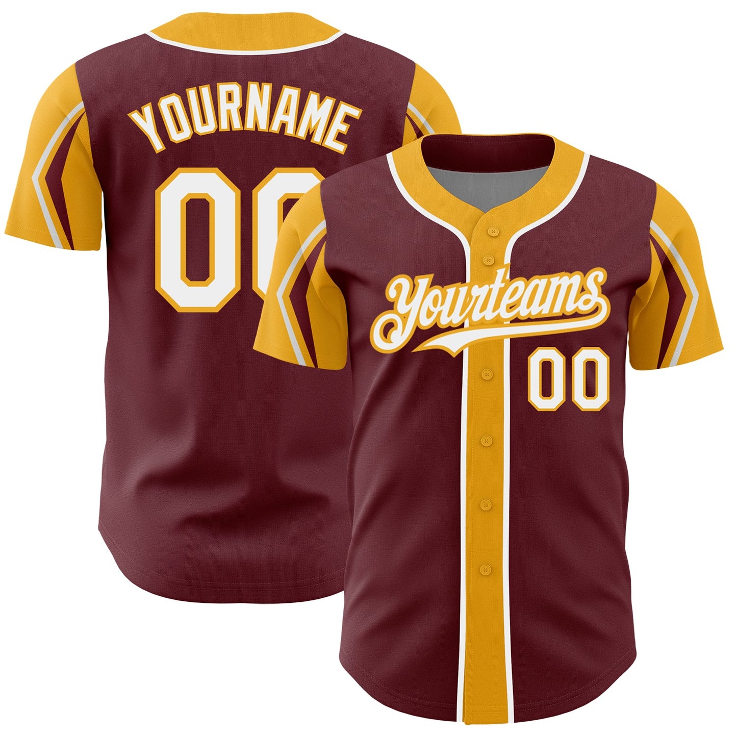 Custom Burgundy White-Gold 3 Colors Arm Shapes Authentic Baseball Jersey - Main View