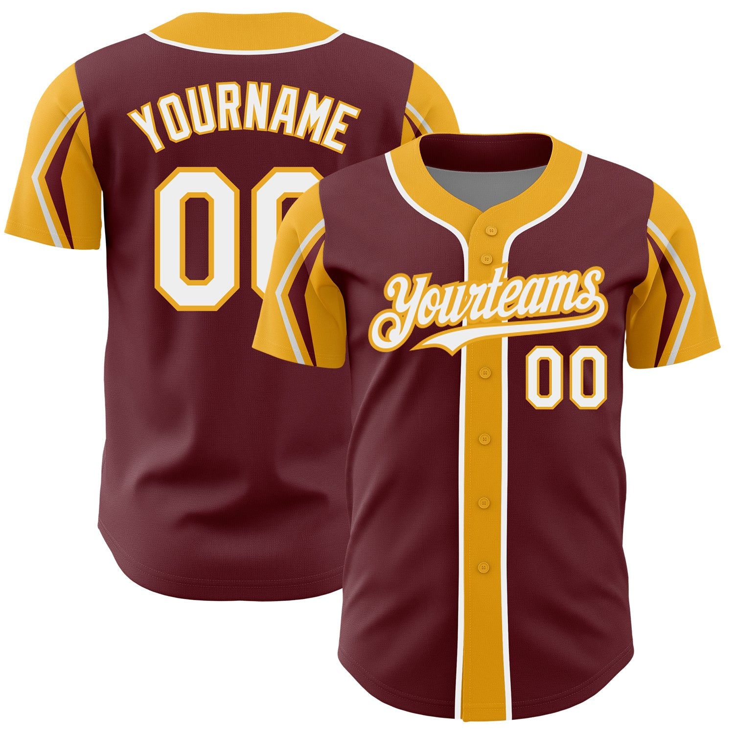 Custom Burgundy White-Gold 3 Colors Arm Shapes Authentic Baseball Jersey - Main View