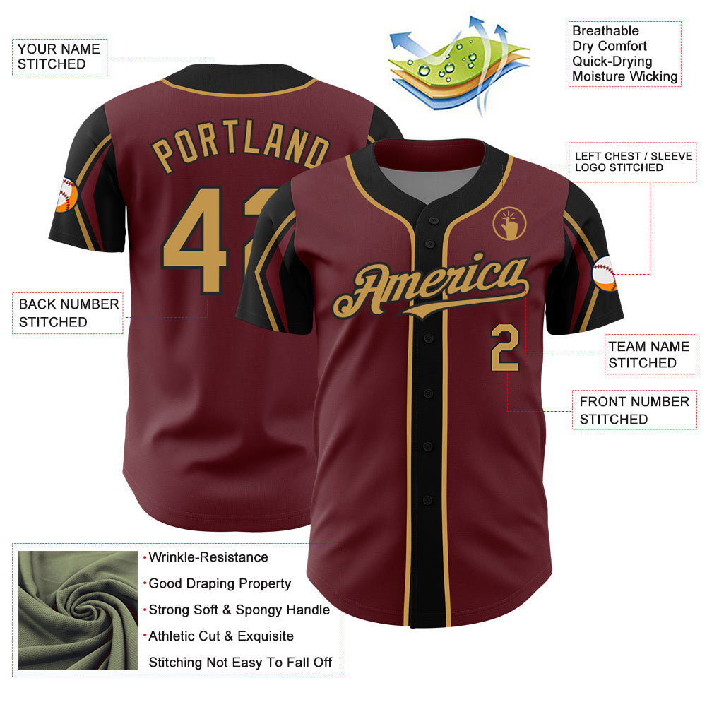 Custom Burgundy Old Gold-Black 3 Colors Arm Shapes Authentic Baseball Jersey view 4