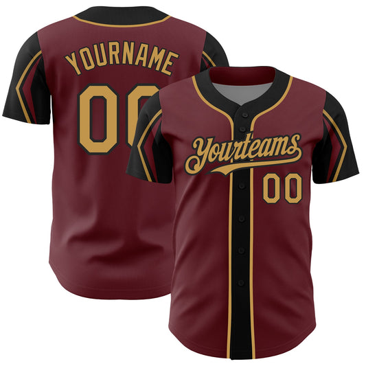 Custom Burgundy Old Gold-Black 3 Colors Arm Shapes Authentic Baseball Jersey - Main View