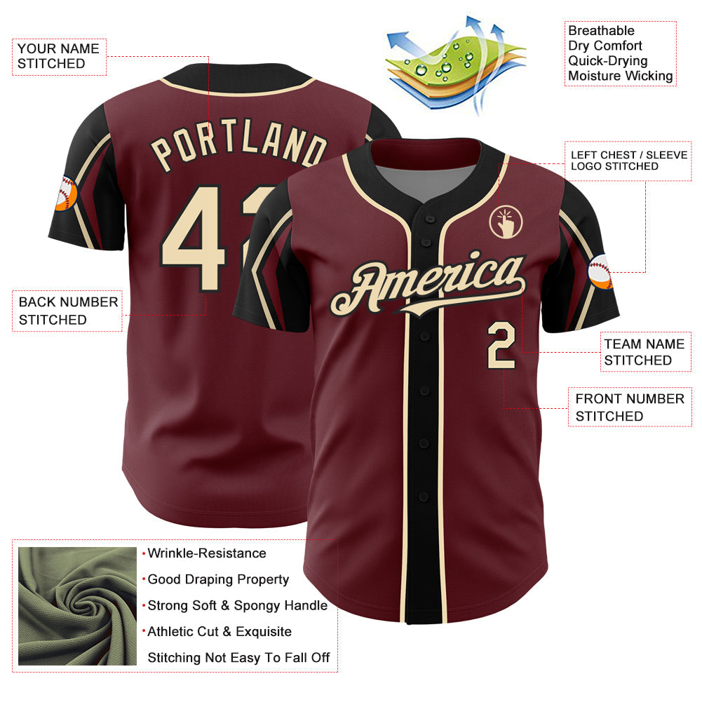 Custom Burgundy City Cream-Black 3 Colors Arm Shapes Authentic Baseball Jersey view 4
