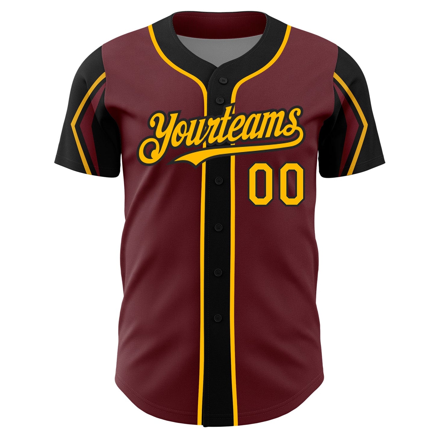 Custom Burgundy Gold-Black 3 Colors Arm Shapes Authentic Baseball Jersey view 3