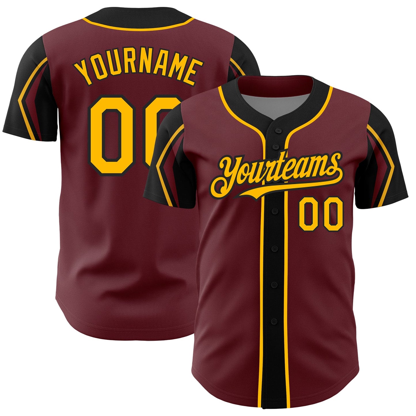 Custom Burgundy Gold-Black 3 Colors Arm Shapes Authentic Baseball Jersey - Main View