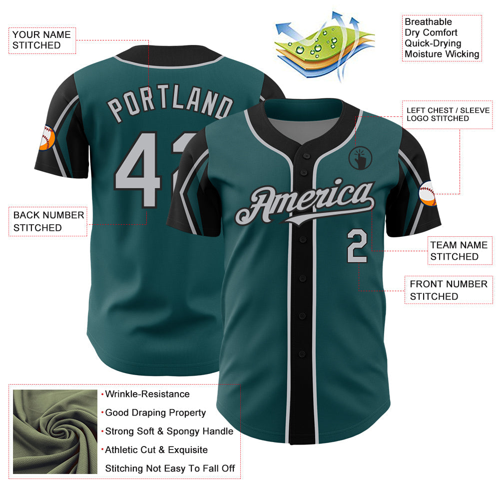 Custom Midnight Green Gray-Black 3 Colors Arm Shapes Authentic Baseball Jersey view 4