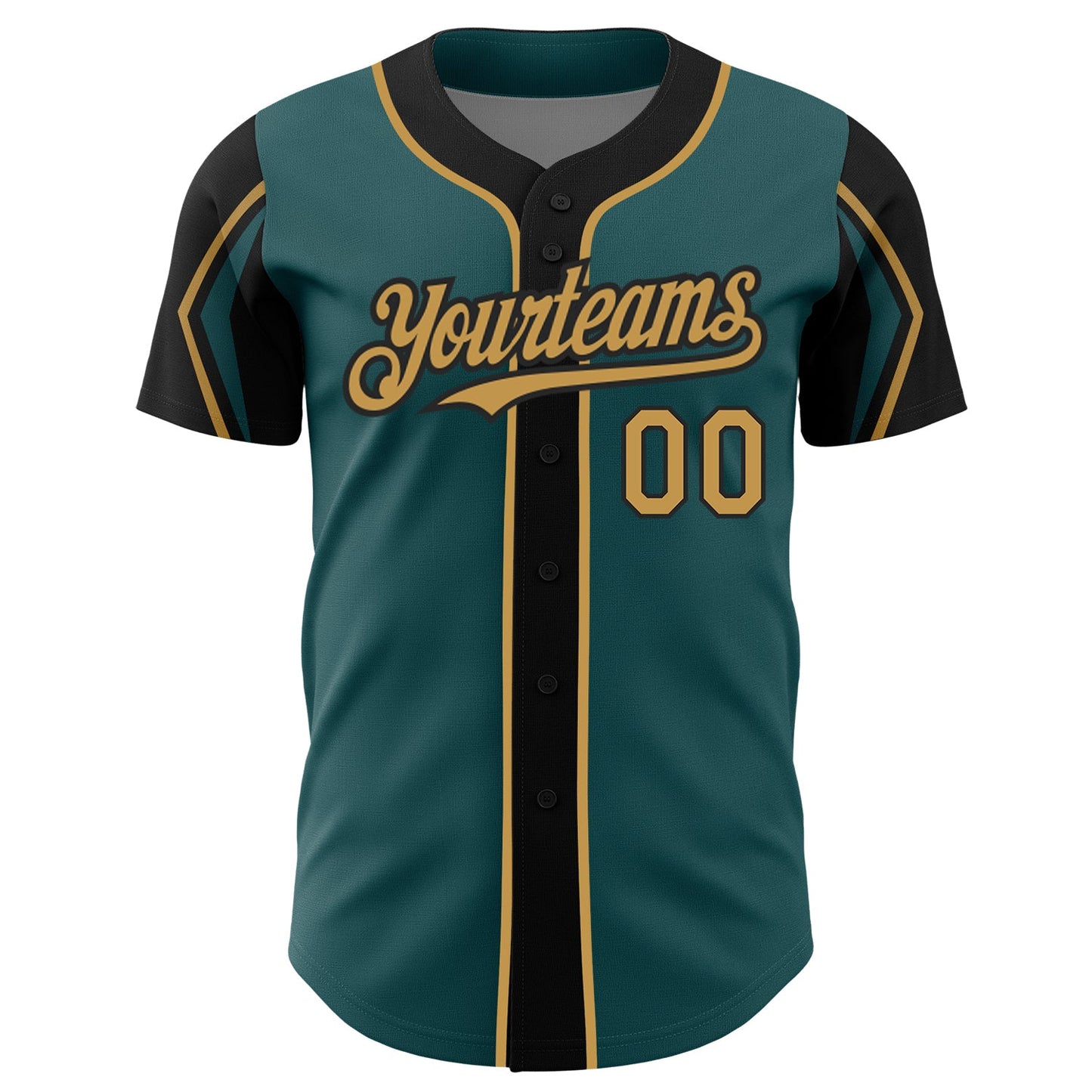 Custom Midnight Green Old Gold-Black 3 Colors Arm Shapes Authentic Baseball Jersey view 3
