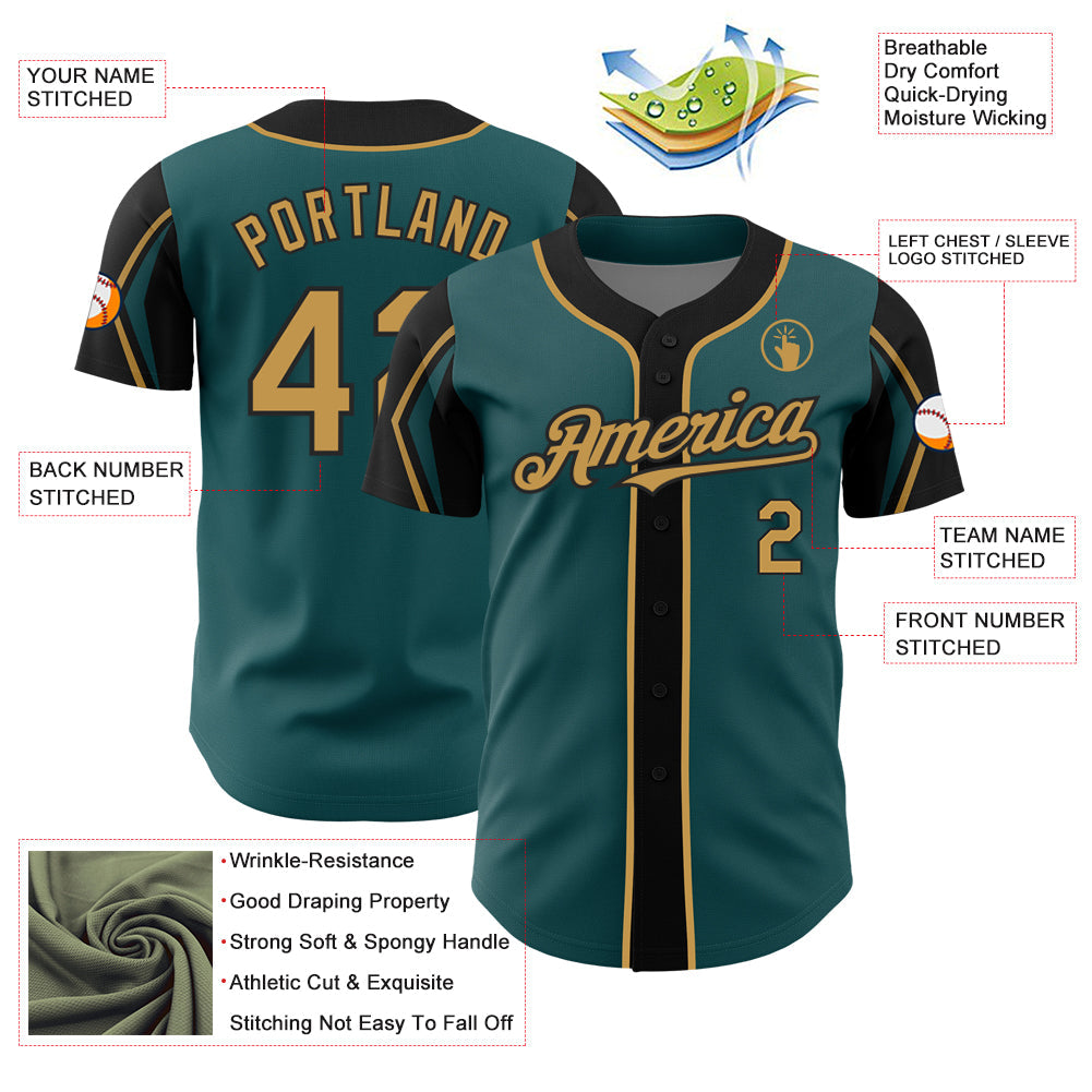 Custom Midnight Green Old Gold-Black 3 Colors Arm Shapes Authentic Baseball Jersey view 4