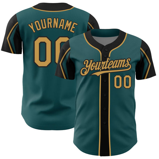 Custom Midnight Green Old Gold-Black 3 Colors Arm Shapes Authentic Baseball Jersey - Main View