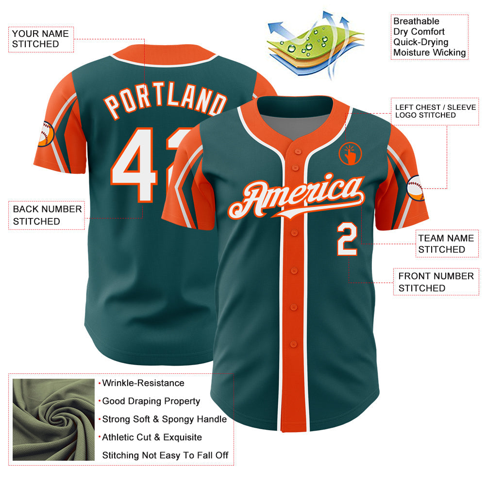 Custom Midnight Green White-Orange 3 Colors Arm Shapes Authentic Baseball Jersey view 4
