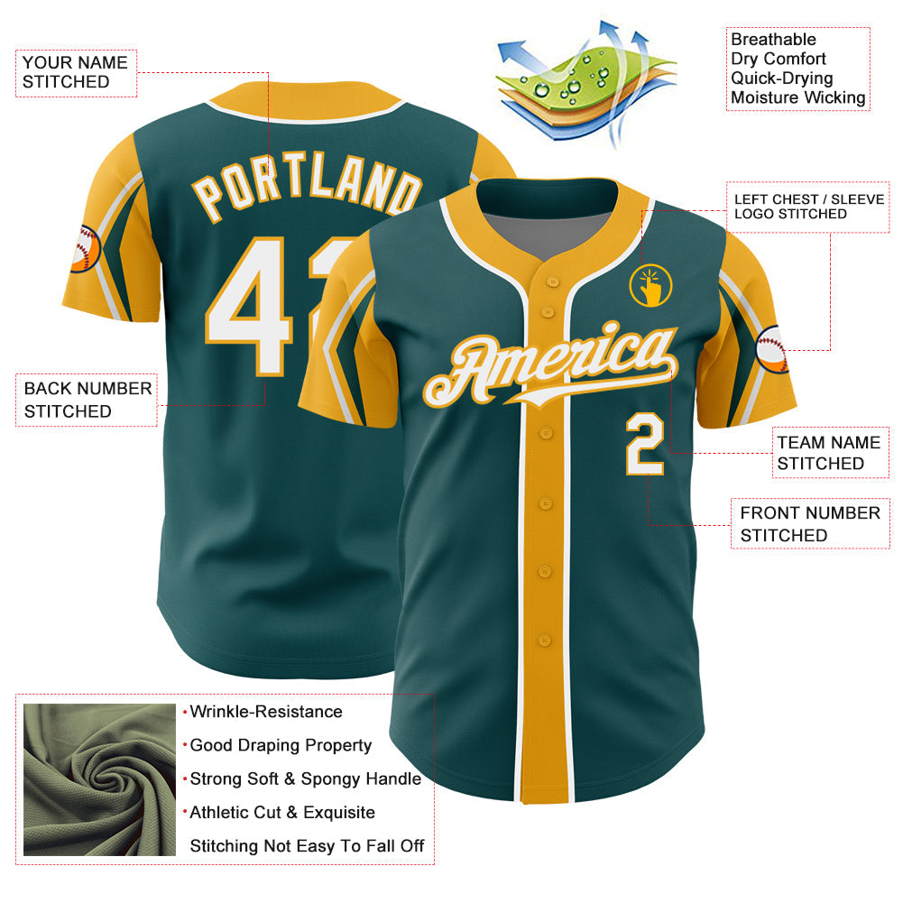 Custom Midnight Green White-Gold 3 Colors Arm Shapes Authentic Baseball Jersey view 4