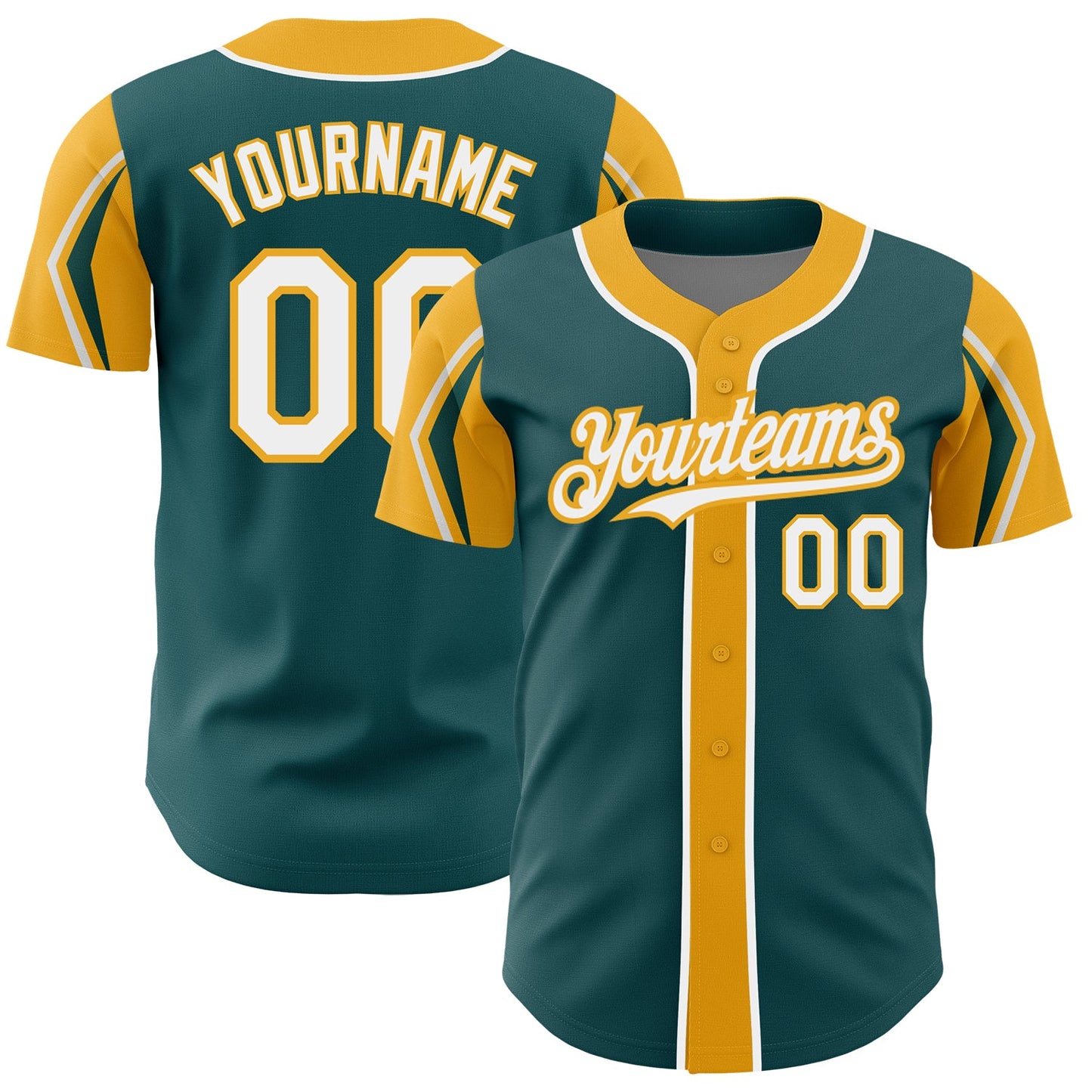 Custom Midnight Green White-Gold 3 Colors Arm Shapes Authentic Baseball Jersey - Main View