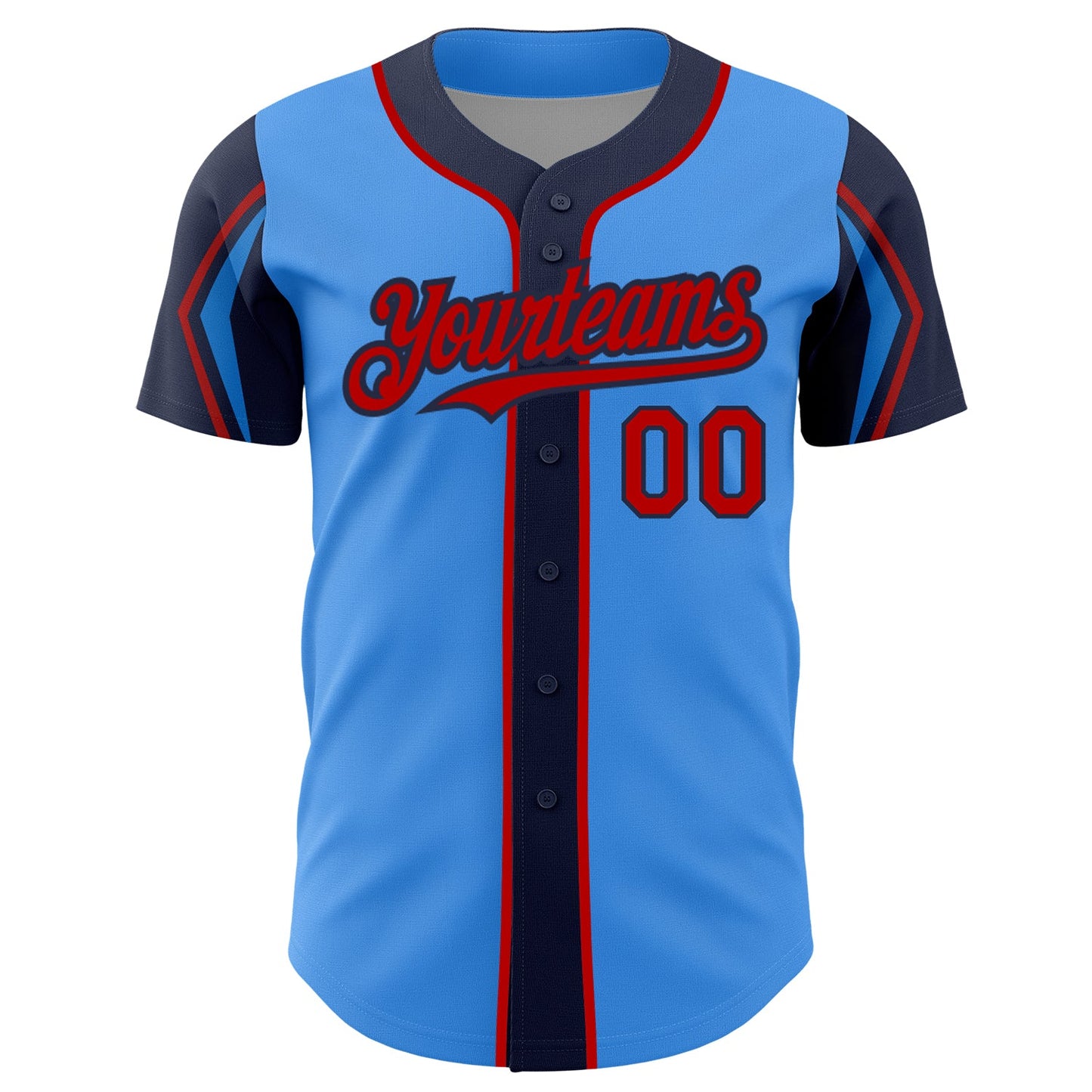 Custom Electric Blue Red-Navy 3 Colors Arm Shapes Authentic Baseball Jersey view 3