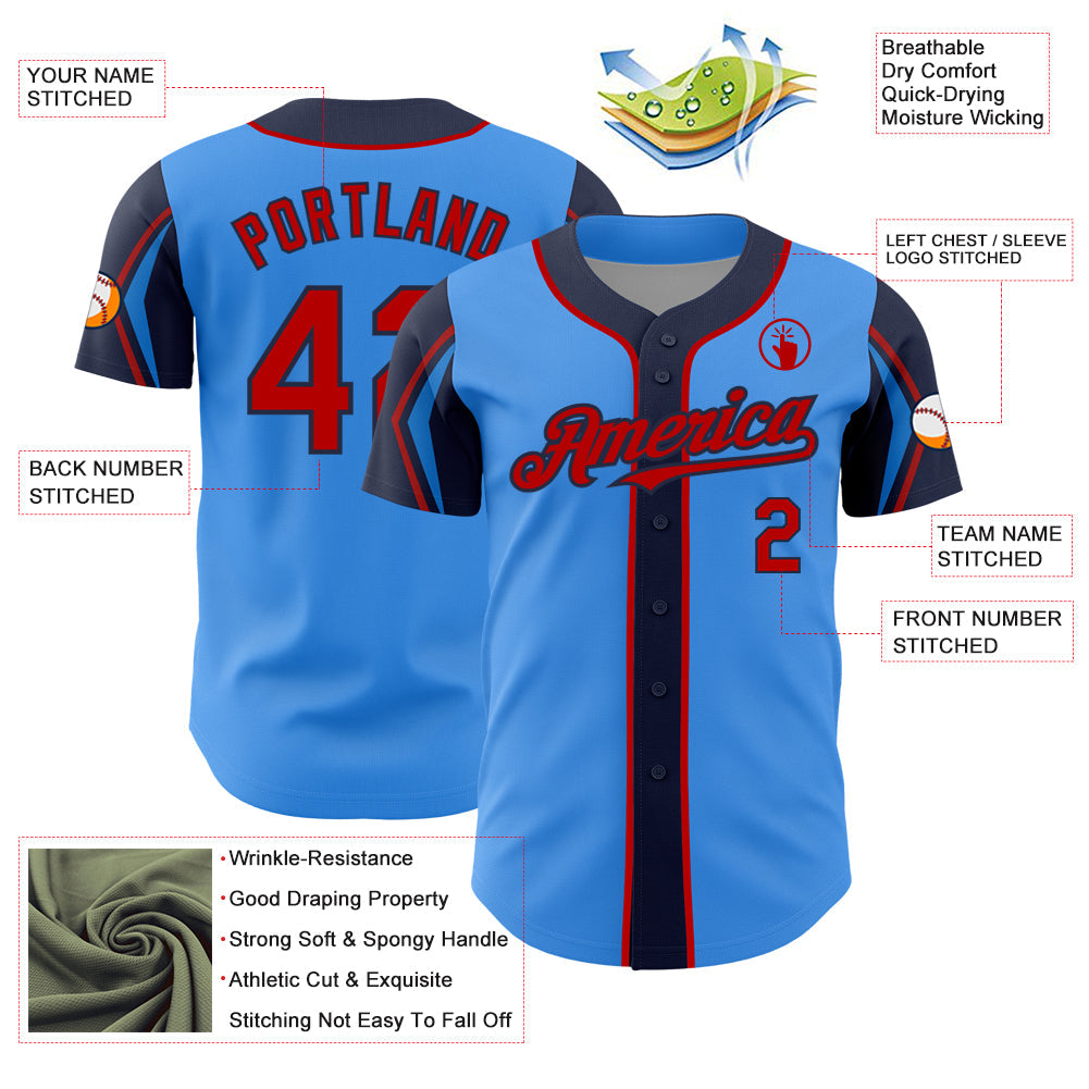 Custom Electric Blue Red-Navy 3 Colors Arm Shapes Authentic Baseball Jersey view 4