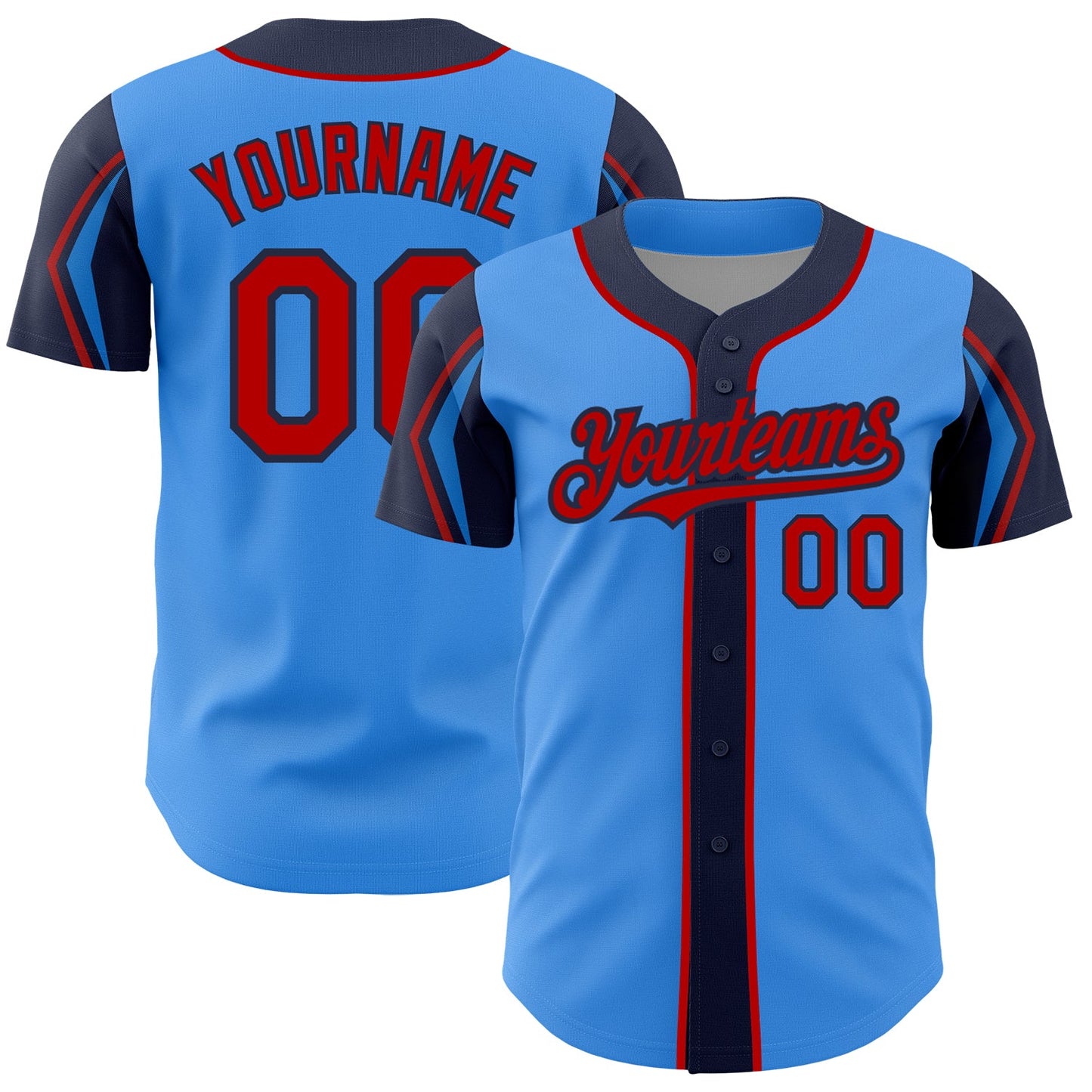 Custom Electric Blue Red-Navy 3 Colors Arm Shapes Authentic Baseball Jersey - Main View