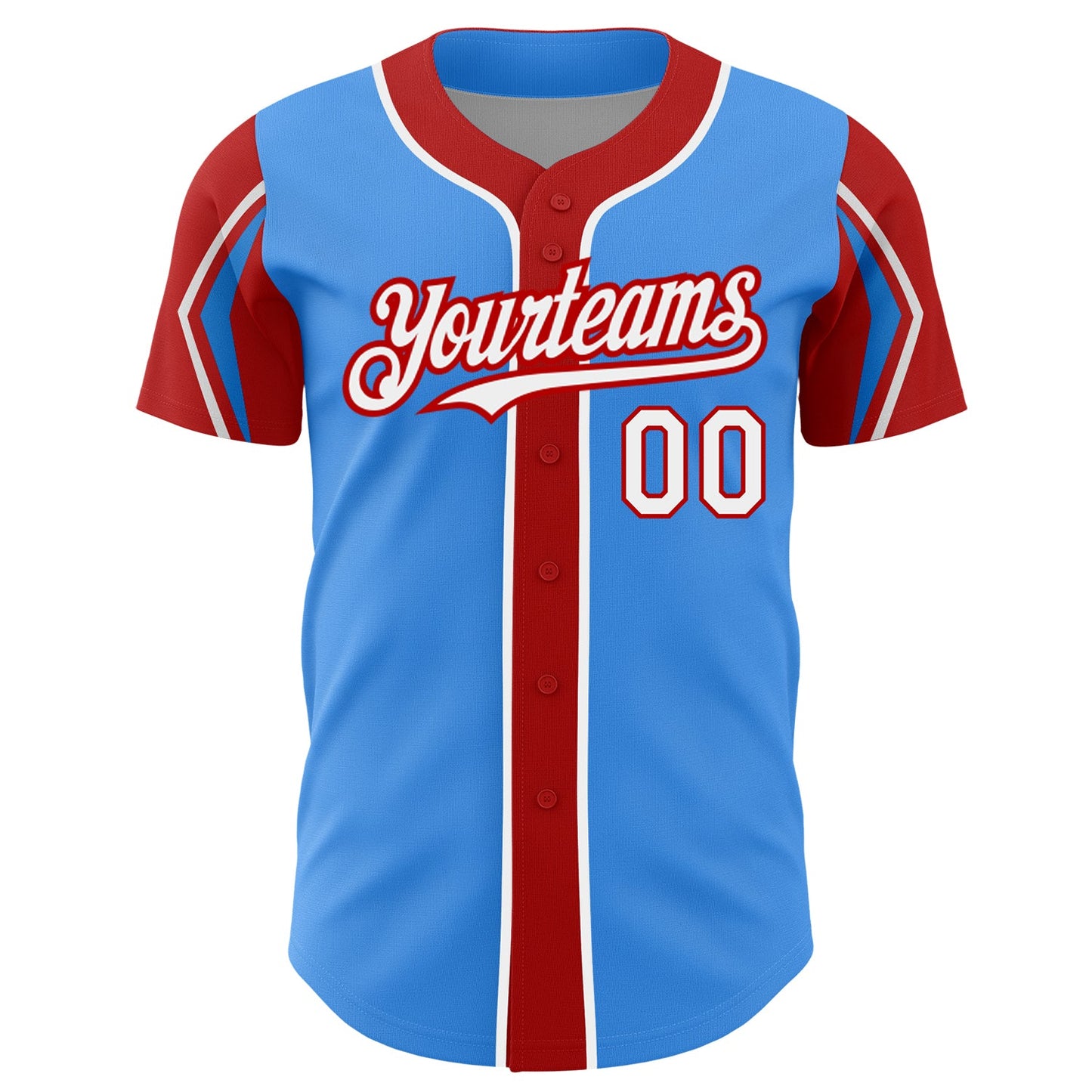 Custom Electric Blue White-Red 3 Colors Arm Shapes Authentic Baseball Jersey view 3