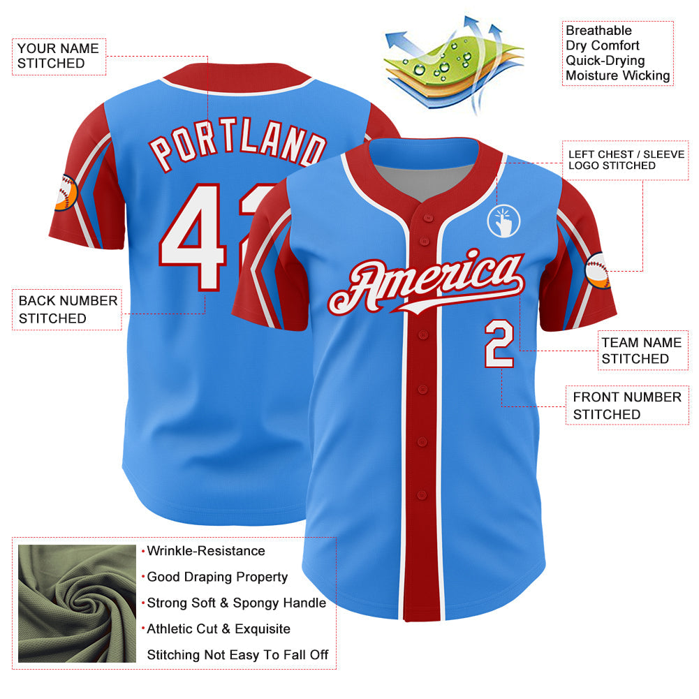Custom Electric Blue White-Red 3 Colors Arm Shapes Authentic Baseball Jersey view 4