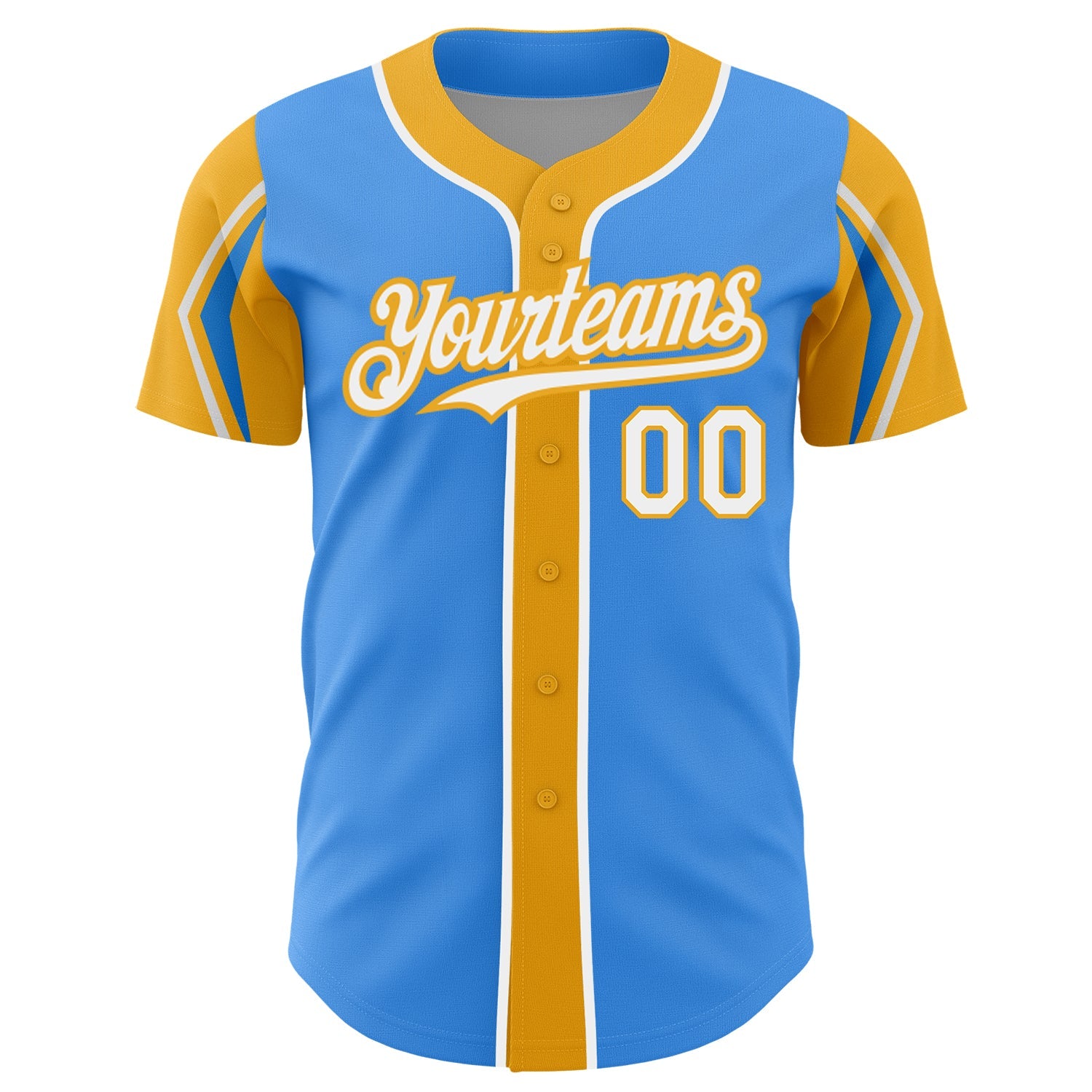 Custom Electric Blue White-Gold 3 Colors Arm Shapes Authentic Baseball Jersey view 3