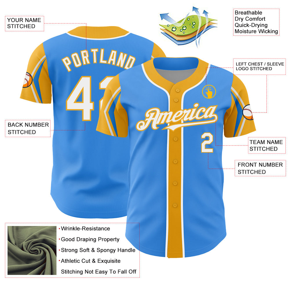 Custom Electric Blue White-Gold 3 Colors Arm Shapes Authentic Baseball Jersey view 4