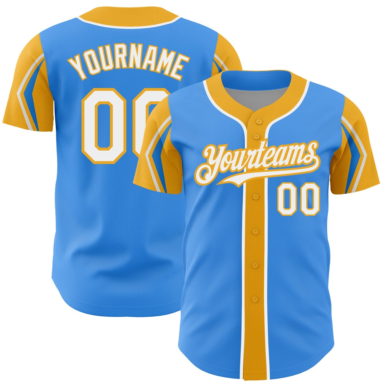 Custom Electric Blue White-Gold 3 Colors Arm Shapes Authentic Baseball Jersey - Main View