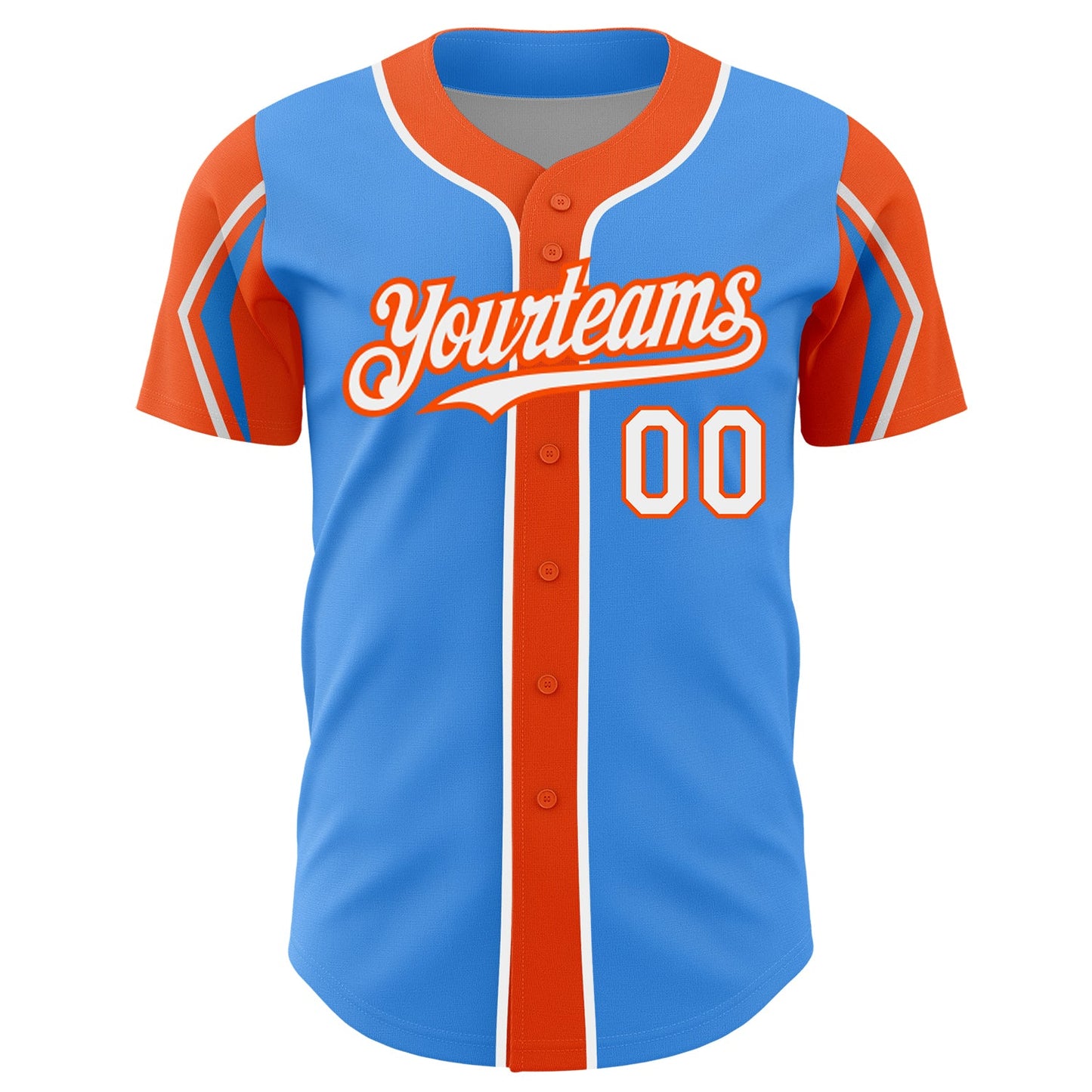 Custom Electric Blue White-Orange 3 Colors Arm Shapes Authentic Baseball Jersey view 3
