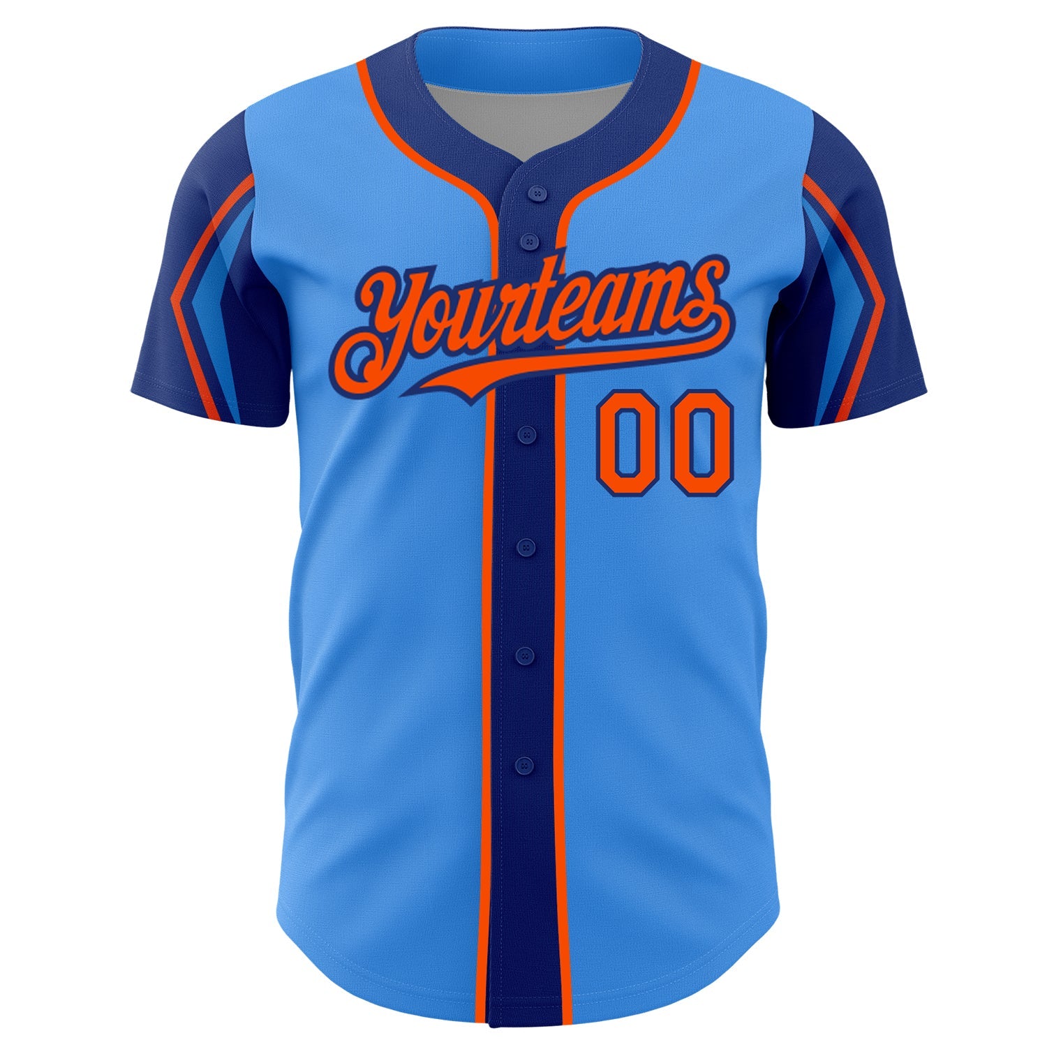 Custom Electric Blue Orange-Royal 3 Colors Arm Shapes Authentic Baseball Jersey view 3